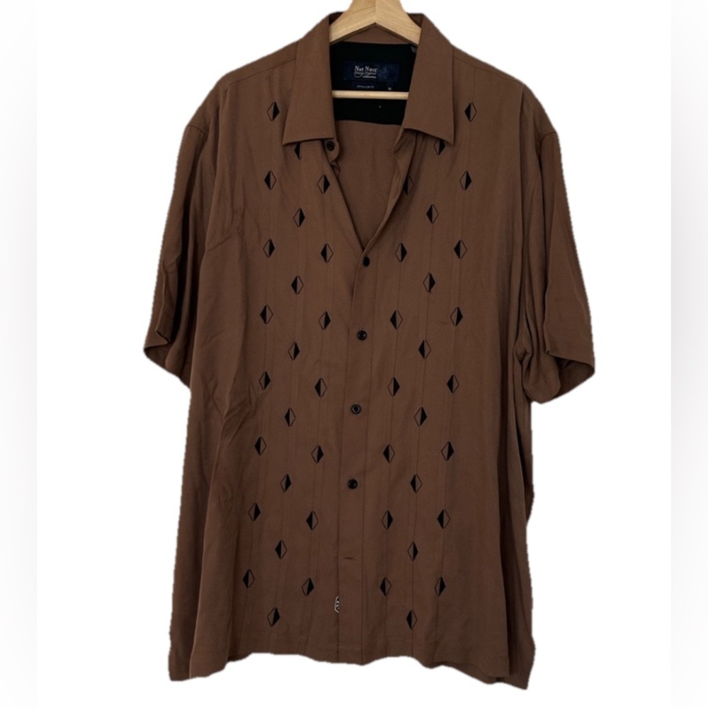 Nat Nast 100% Silk Brown Geometric Print Casual Button Down Sz. XL